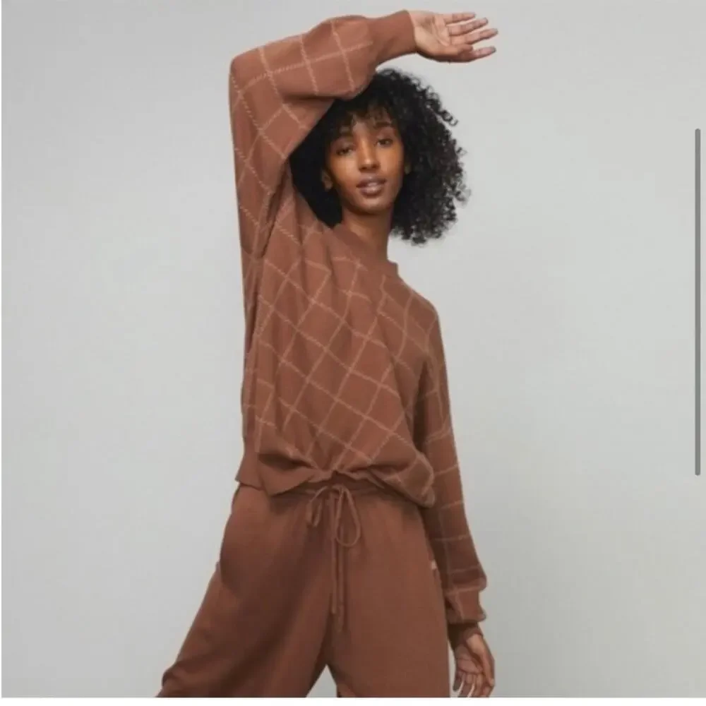 Lunya Cozy Cotton Silk Pullover Sweater Walnut Windowpane Brown NWT Medium NEW - Picture 2 of 11